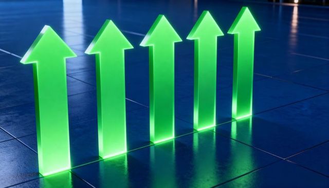 Glowing green upward arrows reflecting on polished tile floor symbolizing growth