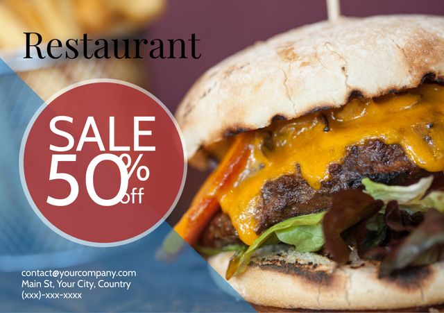 This image features a tempting, juicy cheeseburger with melted cheese and vibrant greens, promoting a 50% off sale at a restaurant. Perfect for restaurant promotions, social media ads, marketing materials, food blogs, and menu highlights. Ideal for attracting customers with its appetizing visuals and clear discount offer message.