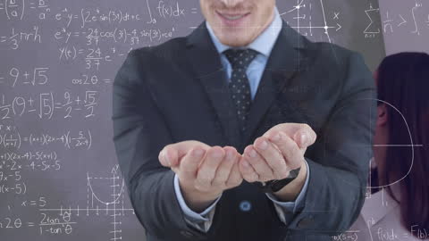 Businessman Analyzing Data Over Digital Graphs and Equations