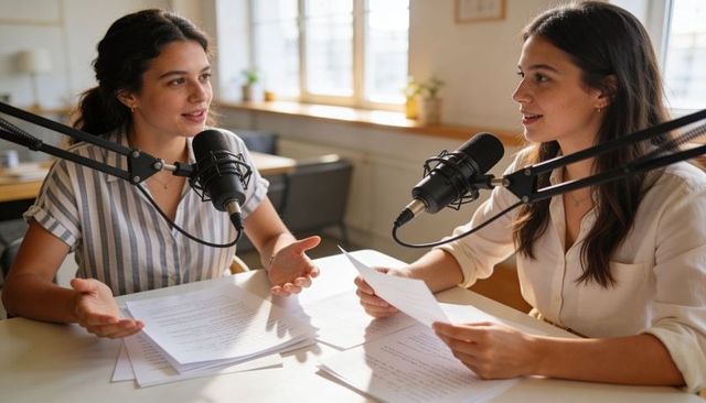 Two women recording conversational podcast in bright studio with professional microphones
