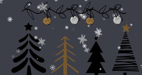 Festive Winter Scene with Hanging Ornaments and Snowflakes