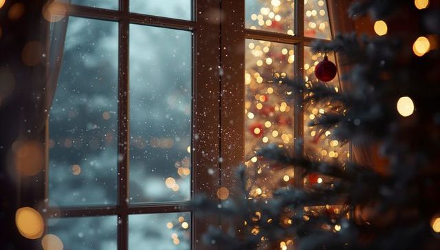 Cozy Christmas Tree by Window with Snowfall and Twinkling Lights