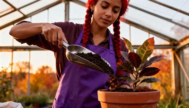 Gardener pouring soil into terracotta pot with variegated houseplant at golden hour
