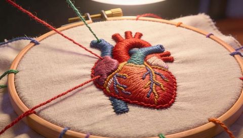 Stitching vibrant anatomical heart embroidery in hoop with colorful floss and lamp