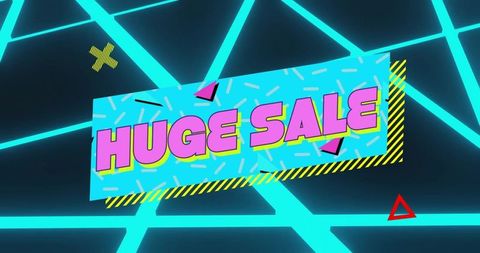 Vibrant huge sale banner on futuristic neon grid background
