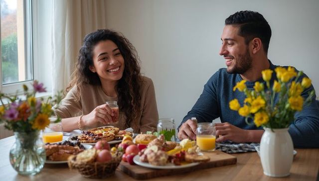 Couple sharing cozy breakfast, sipping orange juice and smiling over pastries