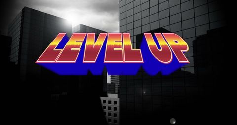 Retro Level Up Text Overlay on Cityscape Background
