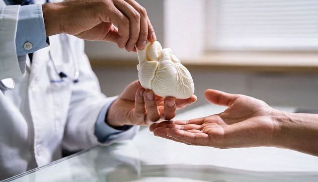 Doctor handing heart model to patient during cardiac consultation in clinic
