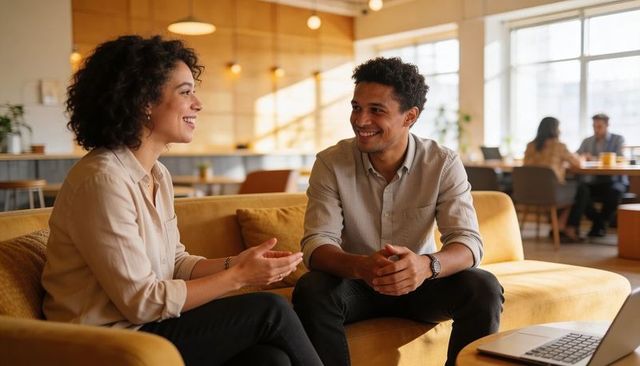 Smiling coworkers collaborating on project on yellow sofa in modern office lounge with laptop