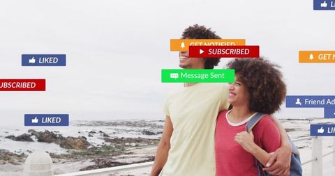 Couple walking hugging on seaside promenade with floating social media notifications
