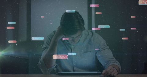 Man Deep in Analytics Using Tablet with Floating Data Interface