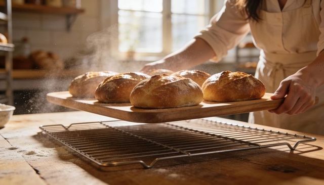 Artisanal sourdough loaves being removed from oven on wooden peel in sunlit kitchen