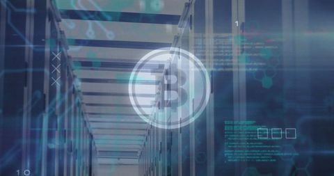 Bitcoin symbol overlaid on futuristic server room background