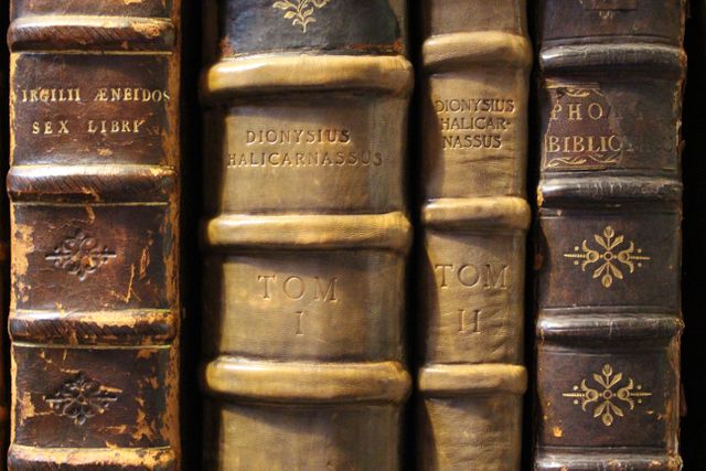 Close-up of leather-bound antique books with Latin titles on a shelf. Perfect for themes of history, literature, classic reading, antique collections, libraries, and vintage decoration. Ideal for educational content, literary blogs, library promotions, and historical archives.