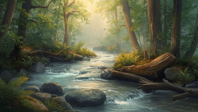 Sunlit forest stream flowing over mossy boulders and fallen logs with golden sunbeams