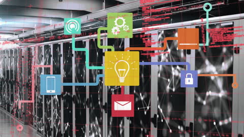 Digital Connectivity Icons Overlaying Data Center