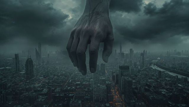 Giant Hand Looming Over Dark Cityscape at Dusk