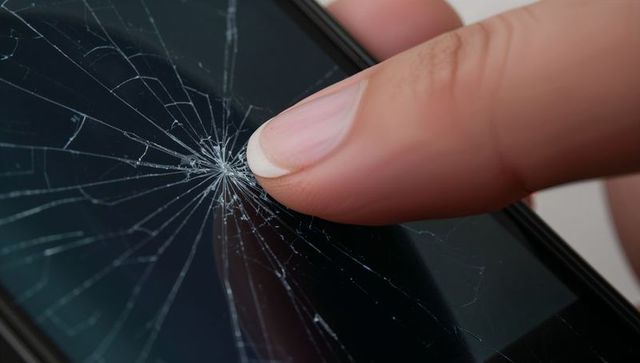 Pressing fingertip on cracked smartphone screen closeup showing shattered glass detail