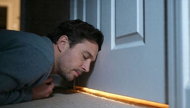 Man pressing cheek to door listening through nighttime light gap, tense home moment