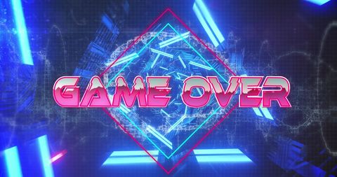 Game over banner in neon glowing futuristic tunnel