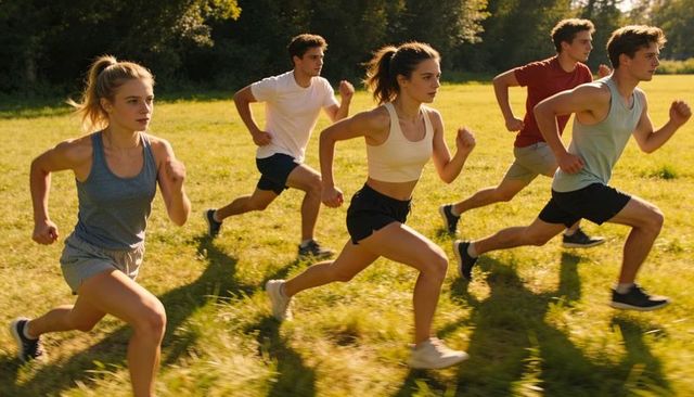 Young athletes sprinting through sunlit meadow during group training session