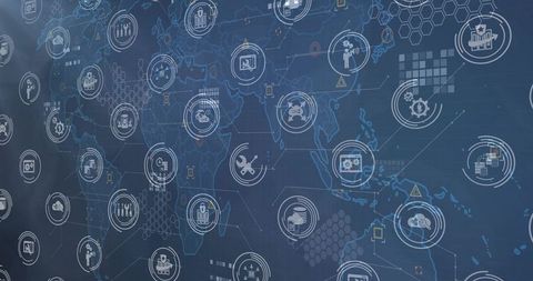 Global digital network overlaying world map connecting data, analytics, iot, cybersecurity
