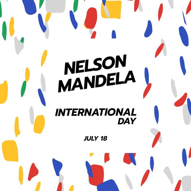 Vector image of nelson mandela international day text with colorful patterns on white background. illustration, celebration, mandela day, honor, humanity, community service, peace and freedom.