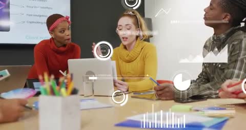 Diverse team collaborating in boardroom presenting tablet analytics with HUD overlays