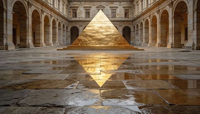Gilded pyramid reflecting inverted triangle on wet stone courtyard with ornate arcades
