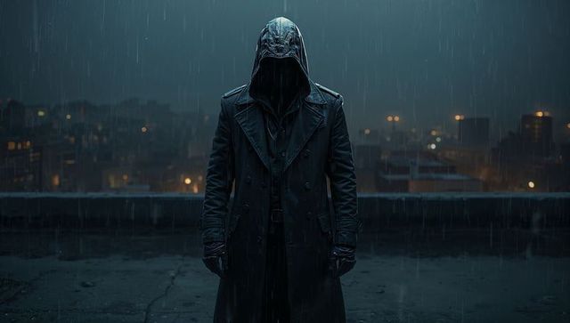 Mysterious hooded figure standing in rainy urban night scene