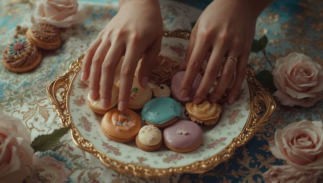 Elegant Hands Reaching for Frosted Cookies with Vintage Luxurious Decor
