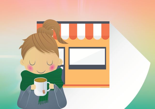 Composition of girl with tea icon over shop. Abstract background and pattern concept digitally generated image.