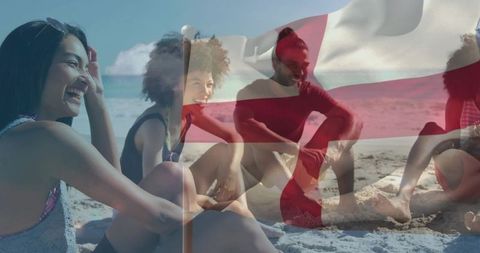 Friends laughing on sunlit beach with st george cross overlay, casual summer vacation lifestyle