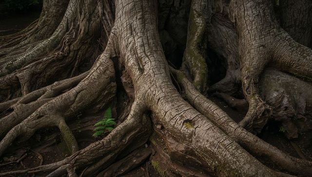 Massive ancient tree roots fanning across mossy forest floor with vibrant fern sprout