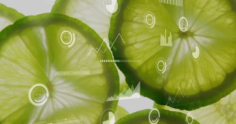 Backlit lime slices overlapping with futuristic hud data overlay, green citrus texture