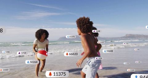 Family playing on sunny beach with social media notification overlays and beach ball