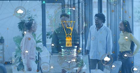 Team collaborating around holographic product prototype in modern open office using ar display