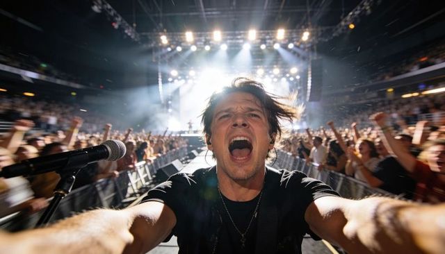 Lead singer reaching forward shouting to roaring arena crowd with dramatic stage lights