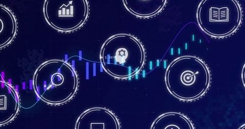 Data Analytics Dashboard Icons Overlaid with Business Metrics Chart