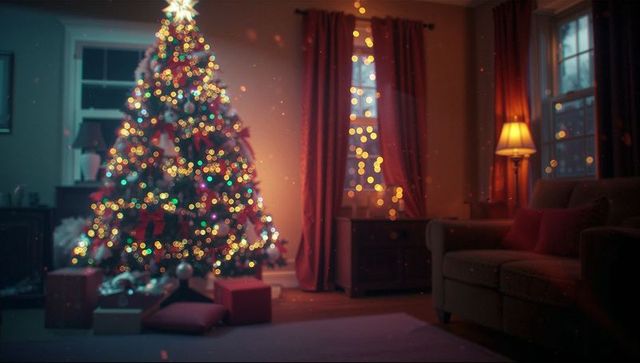 Decorated christmas tree with colorful lights in warm living room