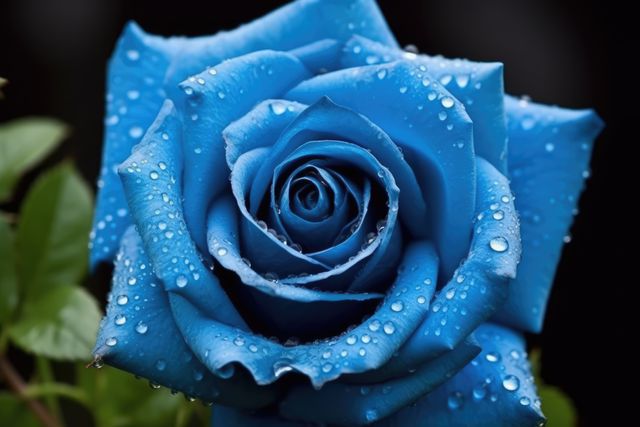 A vibrant blue rose covered in water droplets. Blue roses symbolize mystery and the impossible, making them a unique gift for special occasions.