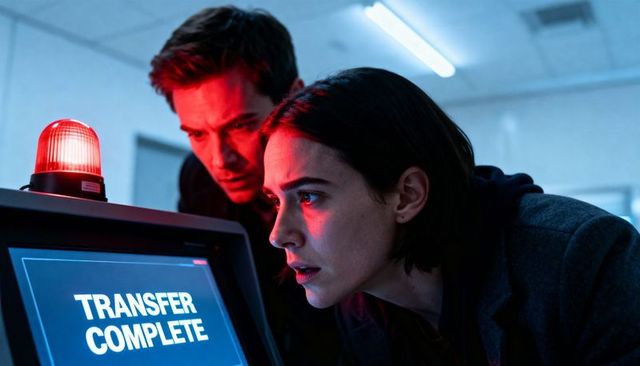 Operators monitoring critical data transfer under red alert beacon