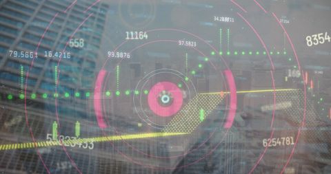 Financial data interface overlaying cityscape