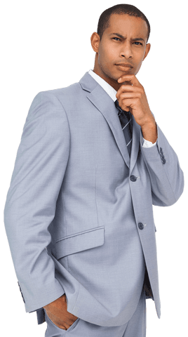 Thoughtful Biracial Businessman in Gray Suit on Transparent Background