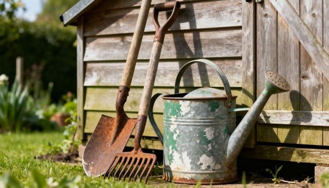 Rusty garden tools leaning against weathered shed with chipped green watering can