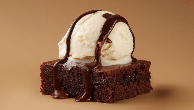Melting vanilla ice cream topping fudgy brownie with glossy chocolate drizzle