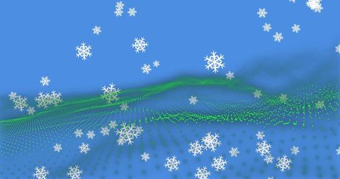 Falling Snowflakes over Green Digital Wave with Blue Backdrop