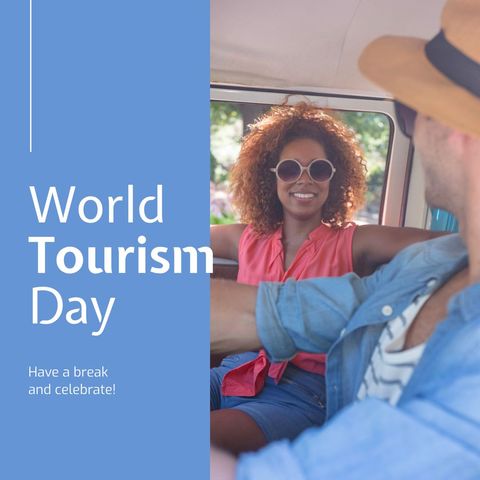 joyful couple celebrating world tourism day in camper van - Download Free Stock Templates Pikwizard.com
