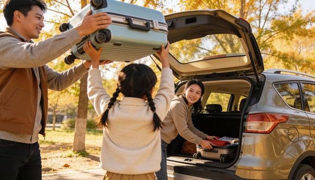 Autumn family packing for road trip: parents and child loading luggage into suv at park