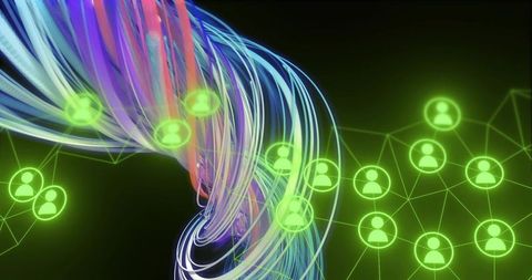 Swirling multicolor data streams connecting neon user icons across futuristic network